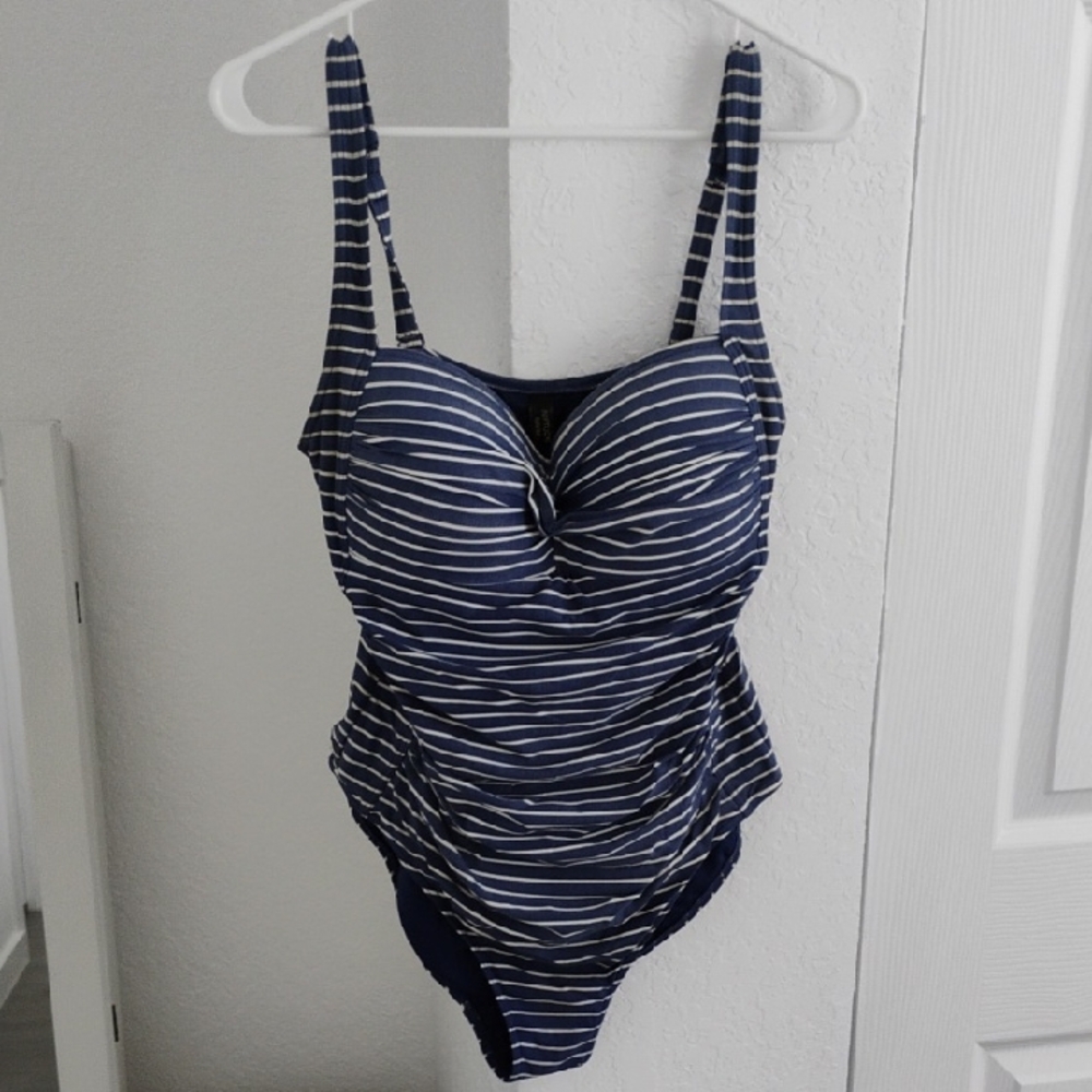 Blue and White Ruched One Piece Swimsuit